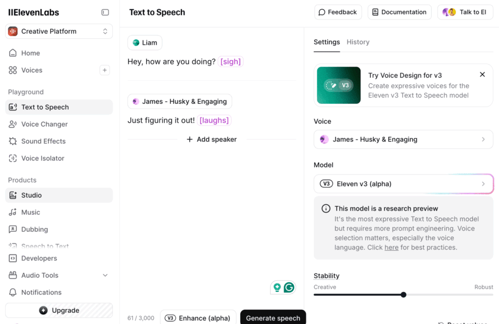 Snapshot of ElevenLabs Studio